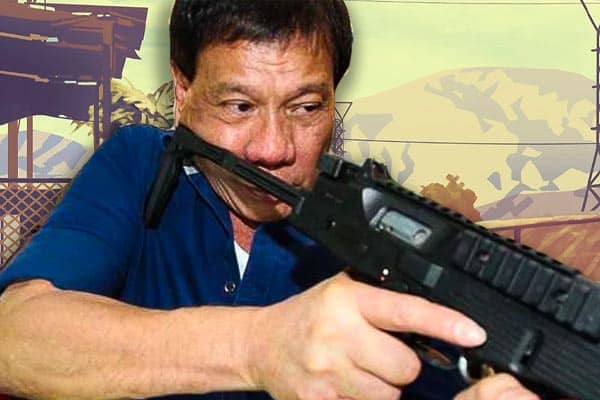 Rodrigo Duterte aiming a gun